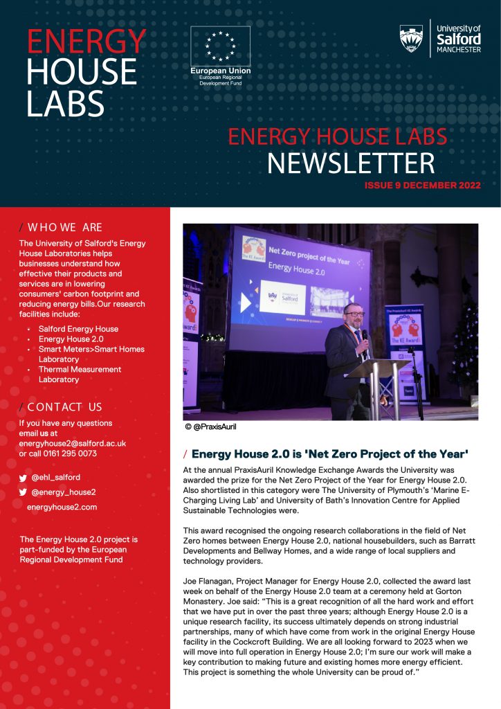 Front page of the University of Salford's Energy House Labs newsletter, issue 9