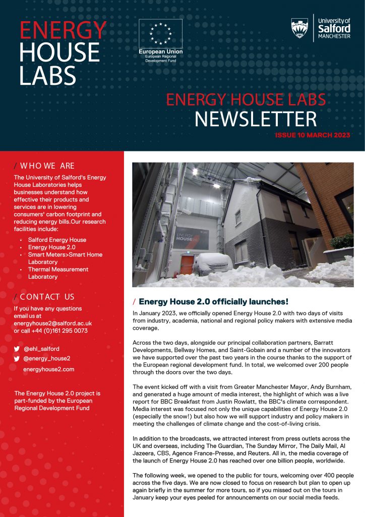 Front page of Energy House Labs newsletter March 2023