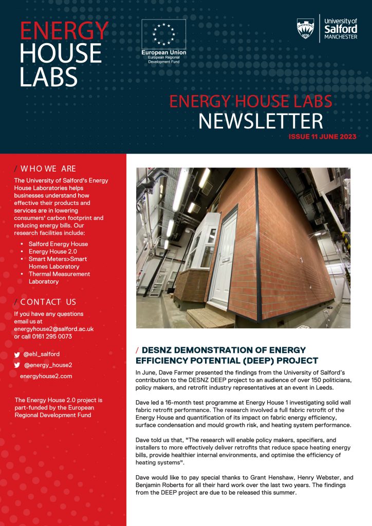 Front page of Energy House Labs Newsletter, Issue 11 (June 2023). Image includes photo of the house inside the Energy House chamber