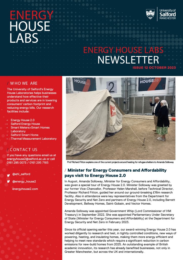 Front page of the Energy House Labs October 2023 newsletter. Photo includes image of Mat Zero Tent plus two people inside Energy House 2.0 Chamber 2.